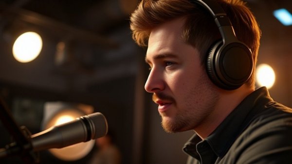 Man speaking into microphone in modern studio, AI robot insurance claims.