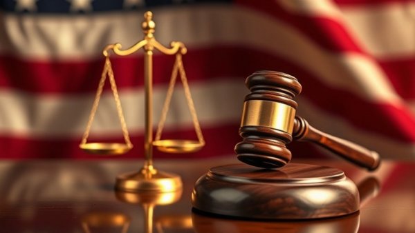 Gavel and scales of justice with American flag background for seniors.