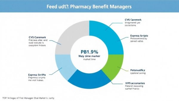 Doughnut chart showing 2023 market share of Pharmacy Benefit Managers: CVS Caremark, Express Scripts, OptumRx.