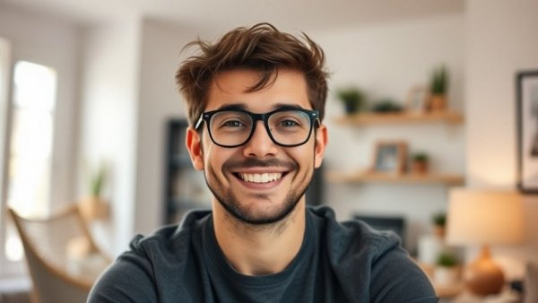 Friendly young man smiling in a cozy room, wearing classic glasses.