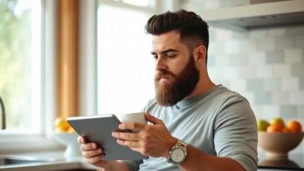 Morning routine to organize finances: Man with coffee and tablet in kitchen.