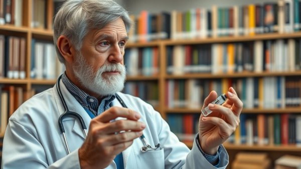 Veterinarian explaining medications in a library setting.