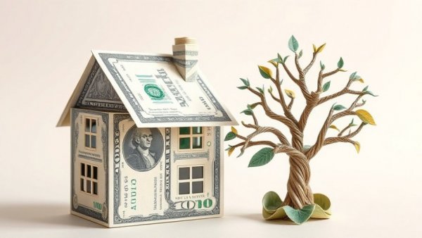 Creative dollar bill house and money tree symbolizing wealth in stocks vs real estate.