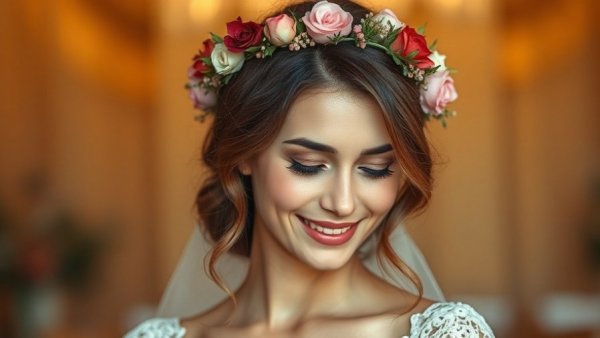 Elegant woman with natural bridal hairstyle and floral crown.