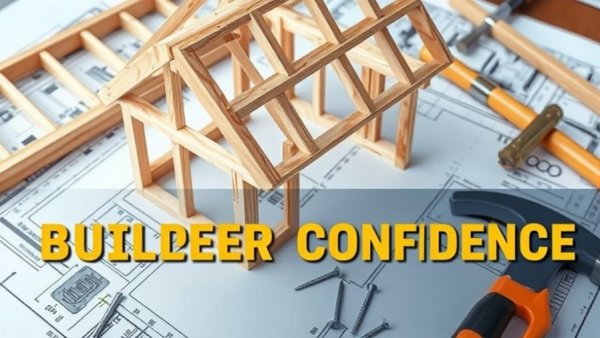 Conceptual wooden house frame with tools on blueprints, highlighting builder confidence improvement.