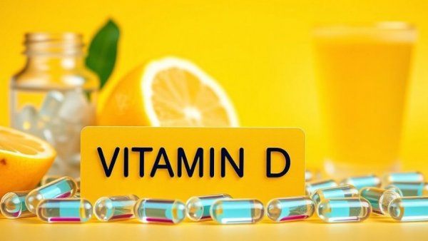 Vibrant vitamin D display with supplements on yellow background.