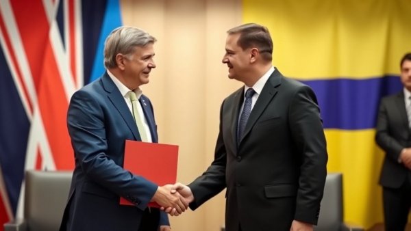 Formal handshake between two men with flag backdrop, symbolizing international cooperation on frozen Russian assets aiding Ukraine.
