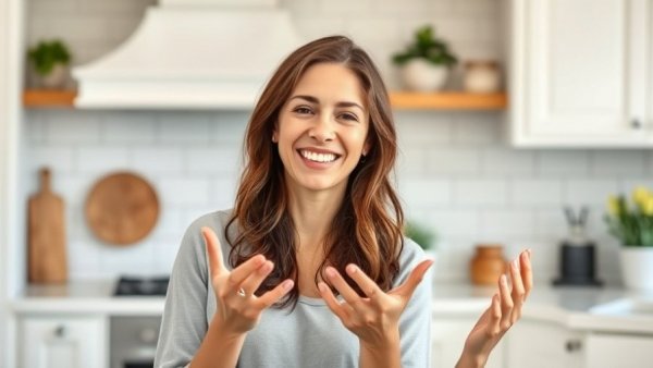 Woman discussing in kitchen, teeth whitening topic