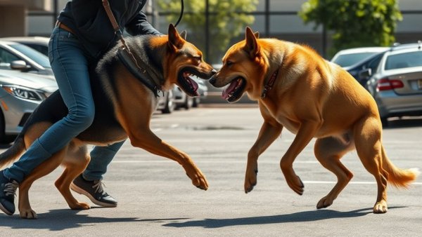 Stop dog reactivity scene with two dogs being restrained by their handlers in a parking lot.