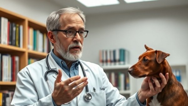 Veterinarian in clinic discussing pet health tips.