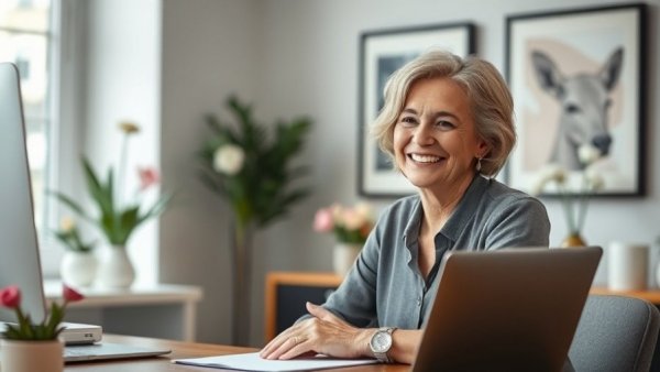 Smiling woman in modern home office, 2026 housing market predictions.