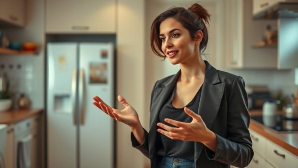 Woman in kitchen discussing profitable changes in home renovations.