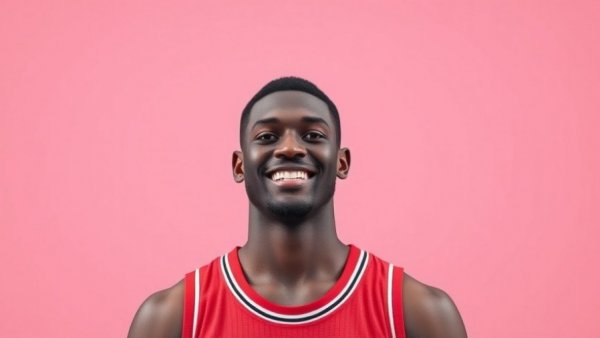 Athlete in jersey smiling against pink gradient.