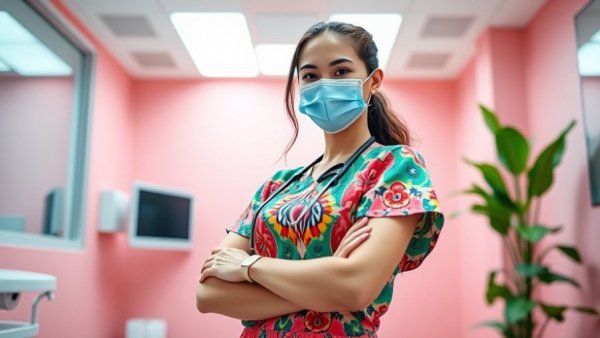 Fashionable dental hygienist in a modern clinic setting.