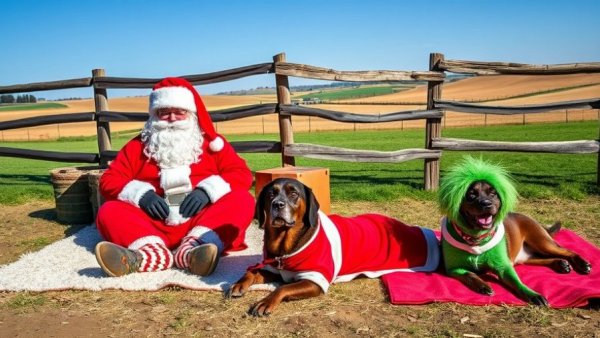 Festive outdoor scene with Santa, Grinch, and dogs in costumes.