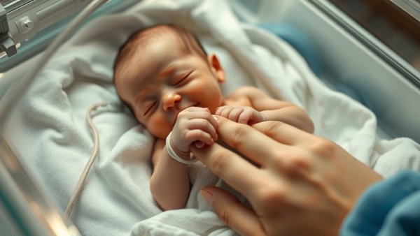 Tender moment in intensive care: premature baby holds a finger.