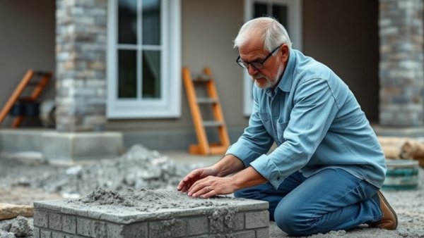 Middle-aged man demonstrating cement project for home improvement.