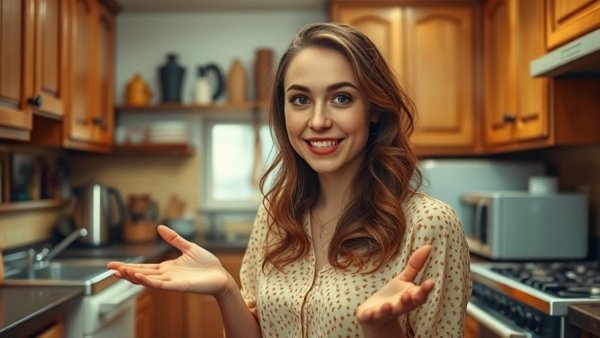Charming young woman in vintage kitchen discussing remodeling.