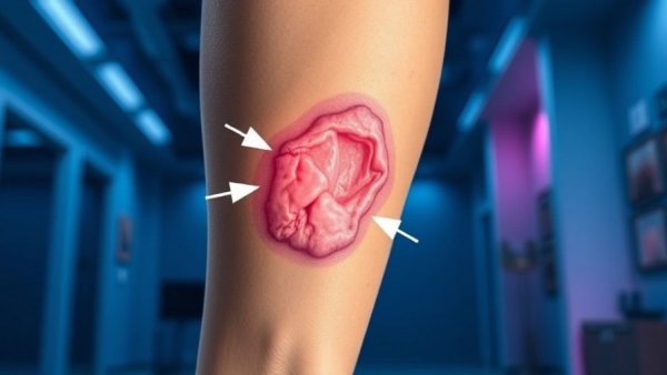 Clinical close-up of limb with sarcoma, illustrating five-day preoperative radiation therapy.
