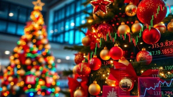 Santa Claus Rally market trend illustration over festive Christmas setting.