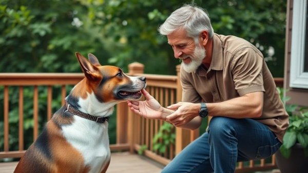 Dog training tools used by man with attentive dog on deck.