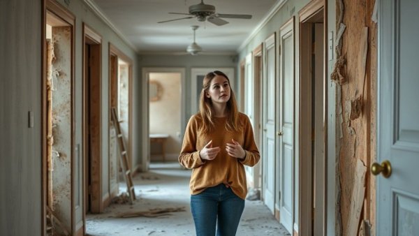 Young woman discussing historic home renovation in an unfinished hallway.