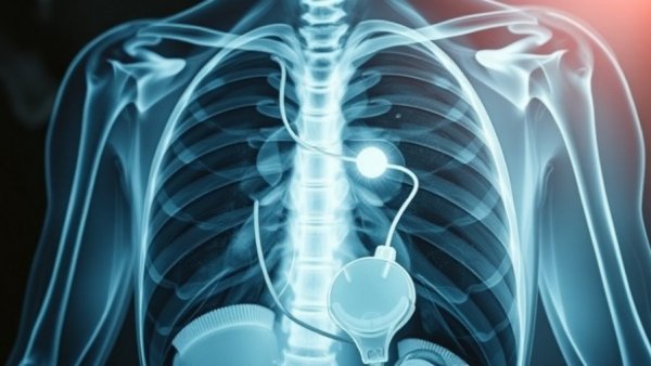 X-ray showing chest with pacemaker, related to fibrosing mediastinitis treatment.