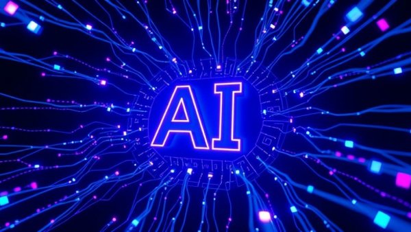 Futuristic AI technology concept with glowing neon elements.