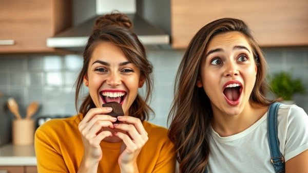 Eating Dessert First: Woman enjoying chocolate while friend looks surprised.
