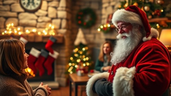 Cheerful Santa Claus warmly greeting guests in a festive living room.