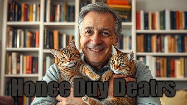 Middle-aged person with cat, discussing pet health, playful setting.