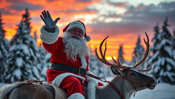 Jolly Santa Claus riding with reindeer in snowy landscape during sunset.