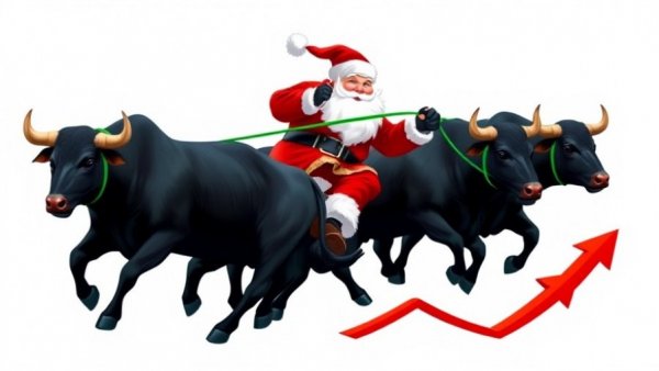 Santa Claus rally concept with bulls and stock market arrow.