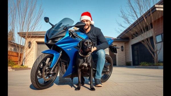 Man in Santa hat kneeling with black dog by motorcycle, dog training deals