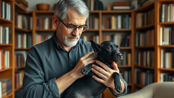 Man demonstrating natural ear infection remedy for pets in home library.