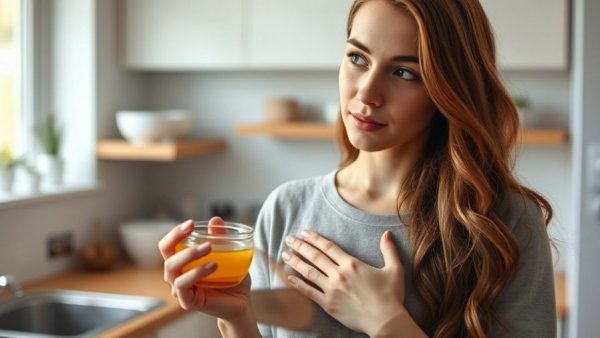 Young woman exploring natural dental remedies in modern kitchen.
