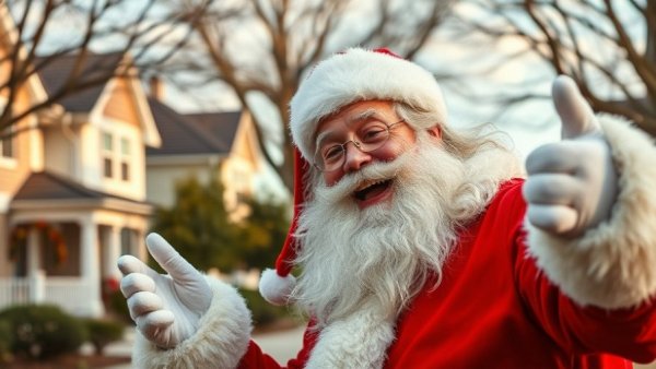 Santa Claus promoting best dog training deals in a suburban neighborhood.