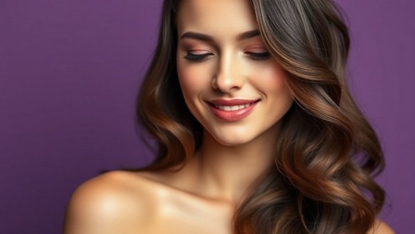 Stylish long hairstyle on elegant woman with soft smile and purple background.