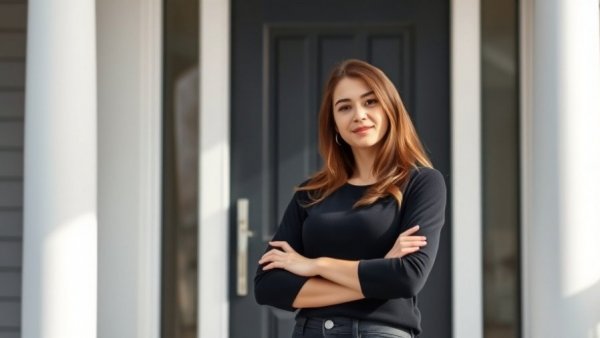Young woman discussing house flipping myths confidently in front of a modern door.