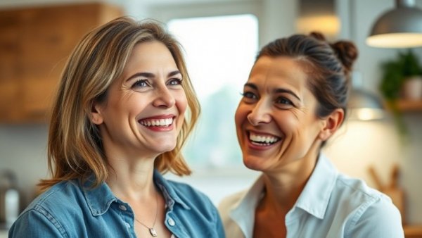 Woman discussing natural dental remedies in a kitchen setting.