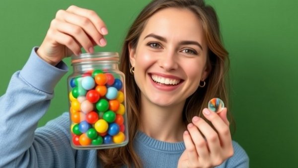Cheerful woman with marbles, demonstrating system change concept.