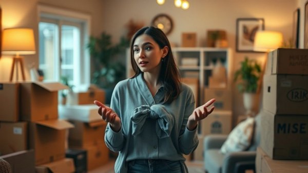 Woman discussing house renovation investment in cluttered room