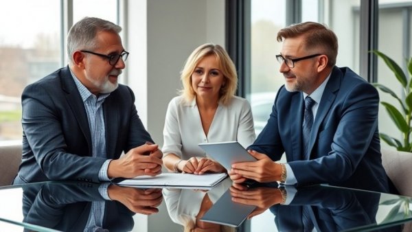 Middle-aged couple discussing retirement savings with financial advisor.