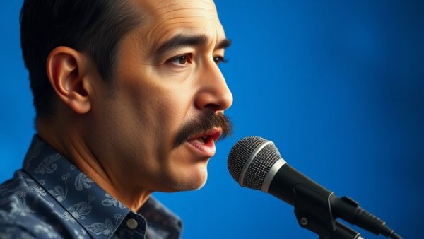 Man in patterned shirt speaking into microphone, business acquisition-ready.