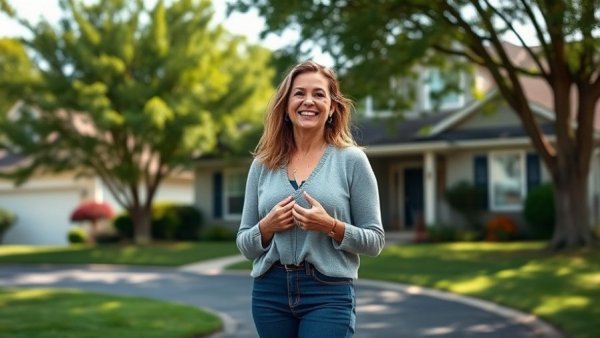 Cheerful woman discussing house flipping strategies in front of a suburban home.