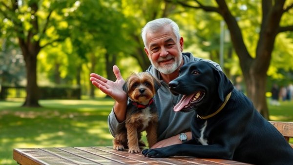 Confident man training dogs in a park setting.