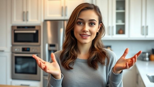 Young woman in kitchen, discussing renovations.