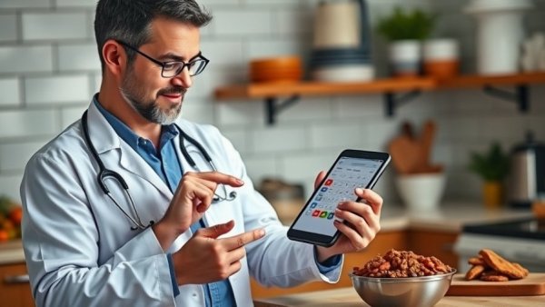 Veterinarian with raw food calculator app in kitchen for dogs.