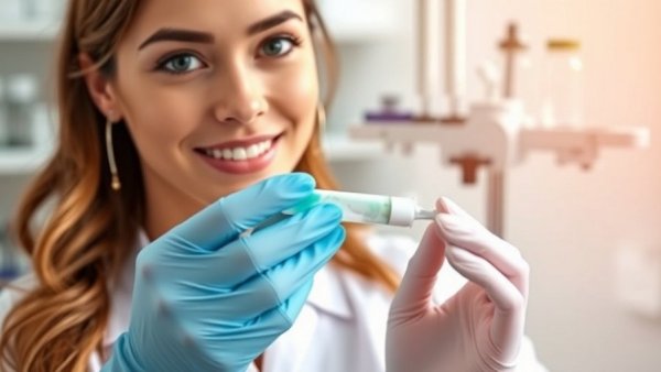 Smiling woman presenting toothpaste made from hair in lab setting.