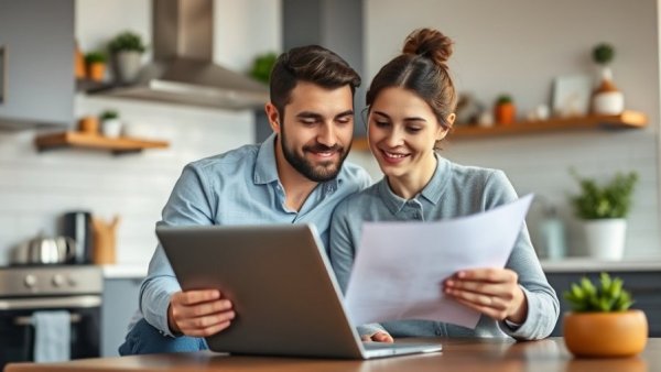 Couple reviewing finances on laptop in modern kitchen.